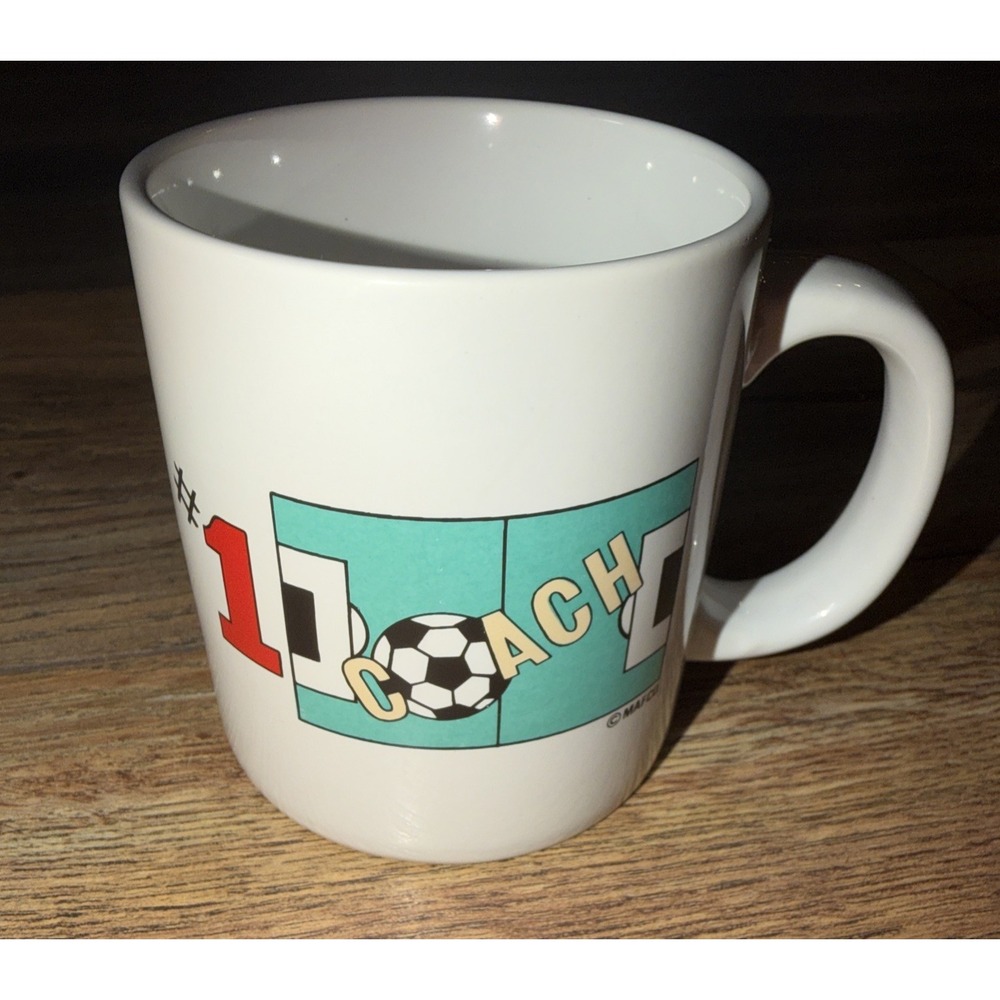 Vintage 90s MAFCO #1 Coach Soccor‎ Coffee Cup White Mug Aqua Made in Taiwan